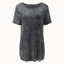 summer snow washed graphite T-shirt for women short sleeved garment dyed and washed big round neck top with beads trim soft Tee